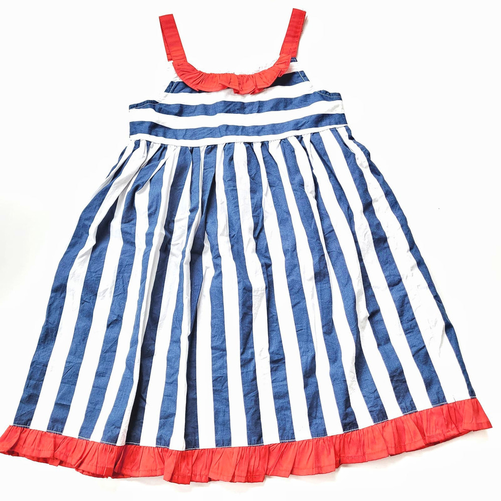 Girls 6-7 Red White Blue Striped Dress Cotton